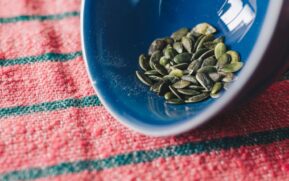 Close-up of pumpkin seeds in a blue bowl on a red patterned cloth. - Photo by João Jesus on Pexels